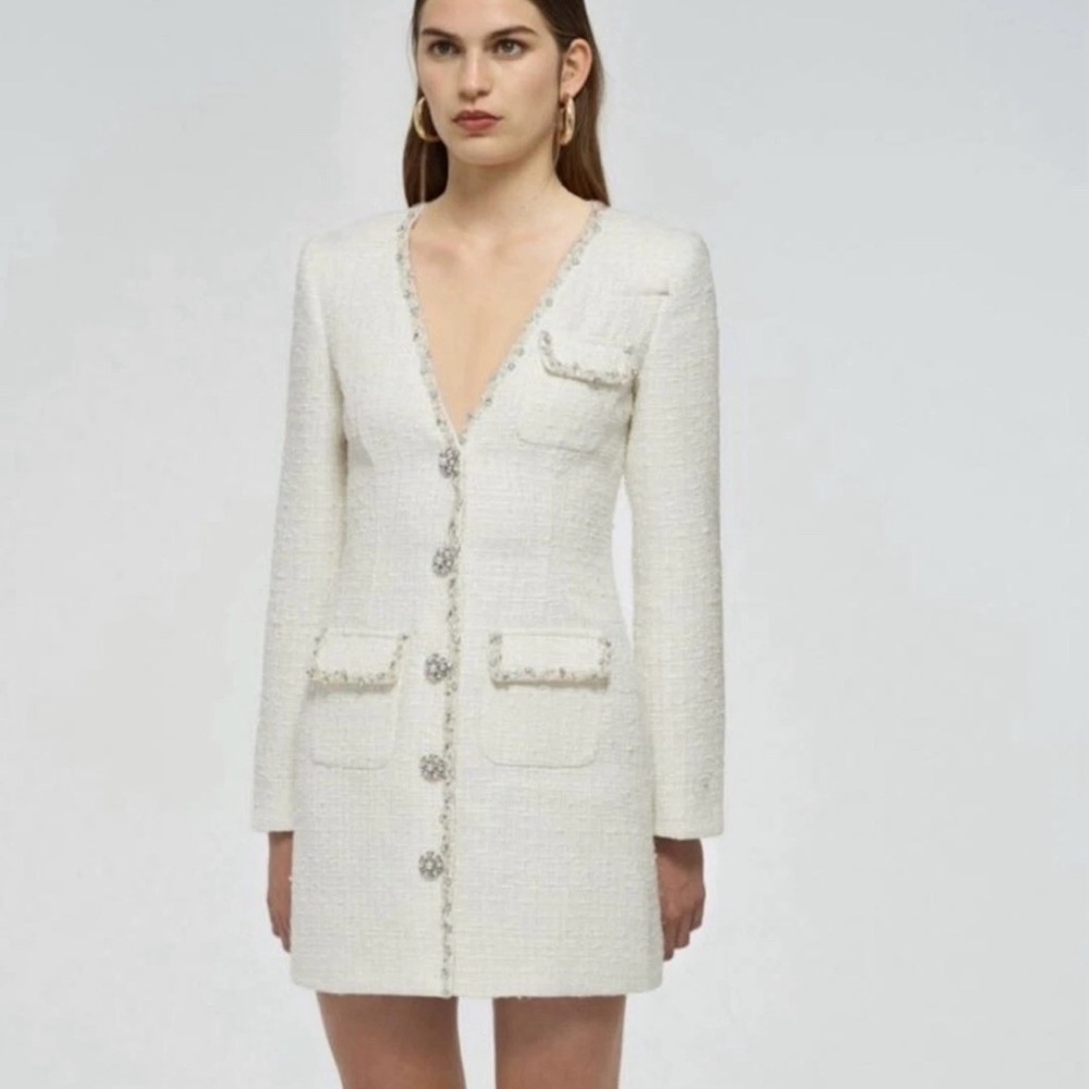 Self-Portrait Cream Sequin Pearl Crystal Knitted Tweed Boucle Mini Dress Size 8